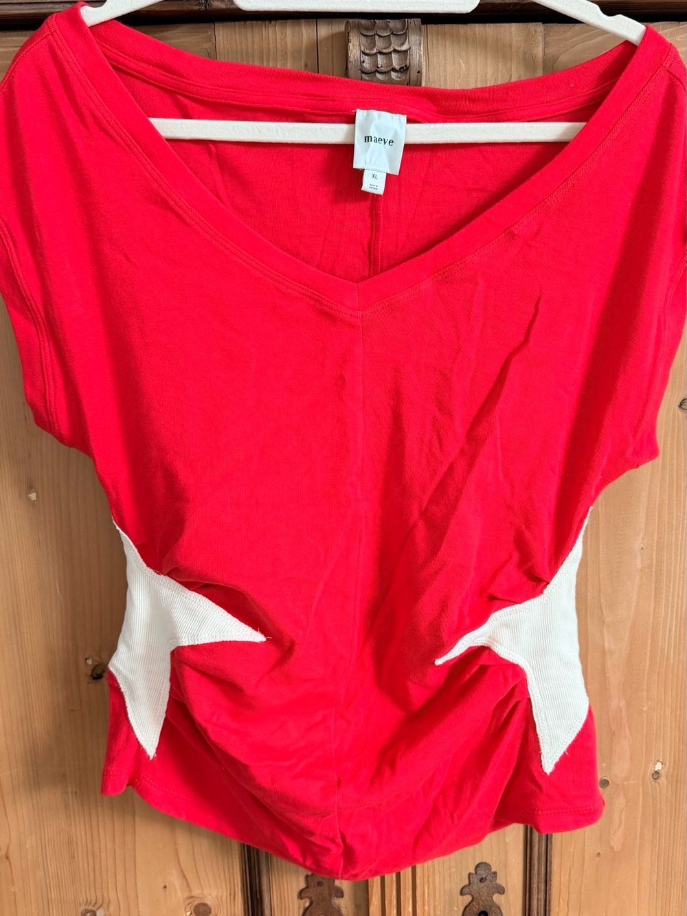 Maeve | Anthropologie NWOT Bright Red V‑Neck Tee with White Star Side Panels